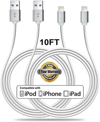 Hallein® 2pcs 10FT 8 Pin Lightning Cable Nylon Braided Charging Cord Data Sync Cable for iPhone (Silver)