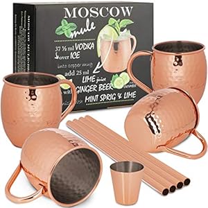 ONVAYA® Moscow Mule Bekerset met 4 bekers, barmaat en rietje, koperen bekers voor cocktails, 4 koperen mokken met 480 ml…