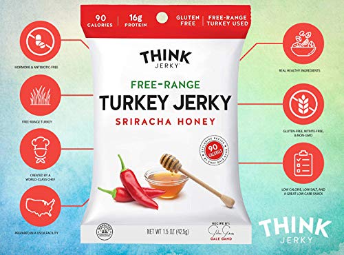 Sriracha Honey Turkey Jerky by Think Jerky - Delicious Chef Crafted Jerky - Free-Range Turkey With No Gluten or Antibiotics Added - Healthy Protein Snack Low in Calories and Fat - 2.2 Ounce (4 Pack)