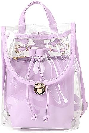 Jesdo Women's 2 in 1 Clear Drawstring Backpack Transparent Travel Beach Handbag Bag (Purple)