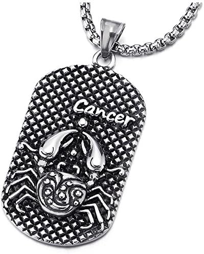 Vintage Mens Women Steel Horoscope Zodiac Signs Dog Tag Pendant Necklace, Twelve Constellations