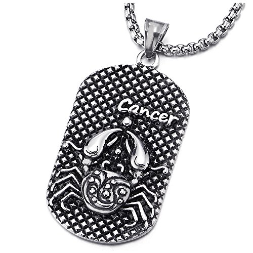 Vintage Mens Women Steel Horoscope Zodiac Signs Dog Tag Pendant Necklace, Twelve Constellations