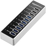 AmazonBasics USB-A 3.1 10-Port Hub with Power Adapter - 65W Powered (20V/3.25A), Silver