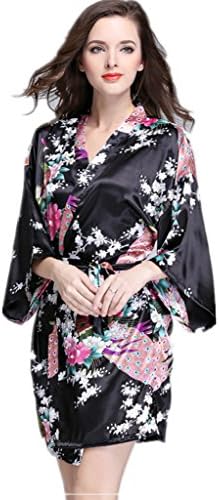 YUAKOU Women's Short Kimono Robes Peacock Blossoms Silk Nightwear Bathrobes