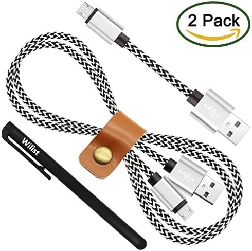 Wilist 2 Pack Short and Long Nylon Braided Micro USB Cable Micro B 5 Pin to USB A Adapter Data Sync Charging Cord Support Quick Charge 3.0 or 2.0 Charger for Samsung Nokia and More 9inch + 3ft White