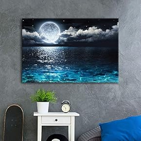 Canvas Wall Art Blue Ocean Under Moonlight Calmful Heart Painting Artwork for Home Prints Framed - 12x18 inches