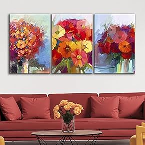 3 Panel Canvas Wall Art - Watercolor Style Red Flowers in Vases - Giclee Print Gallery Wrap Modern Home Art Ready to Hang - 16"x24" x 3 Panels