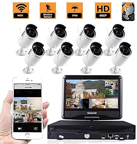 8CH 960P HD WiFi Wireless Indoor Outdoor Home Security Camera System with HDMI NVR with 10" inch LCD Screen Display Monitor, Remote Playback, Easy Setup (Plug and Play)(with 2TB HDD)