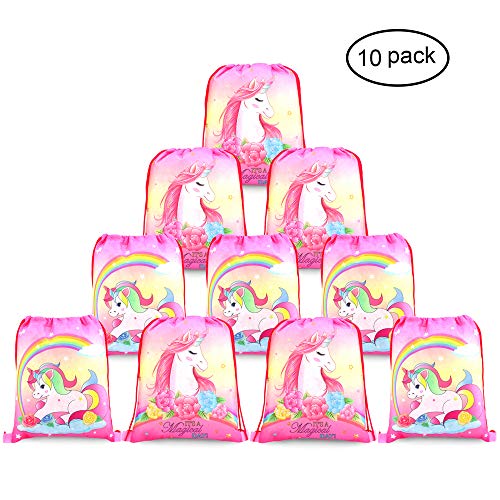 Konsait Cute Unicorn Drawstring Backpack Bags for Kids Girls, Gift Treat Goody Birthday Party Favor Bags, Unicorn Party Supplies Bags Bulk ( 10 Pack )