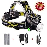   Head Mounted Flashlight 2000 Lumens Water Resistant Ultra Brightest Led Headlamp With Rechargeable 18650 Batteries Lightweight Camping Best for Hiking Walking Fishing Weather Biking Running At Night