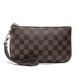 Checkered Zip Wristlet Wallet for women Leather RFID Blocking Purse (Brown)