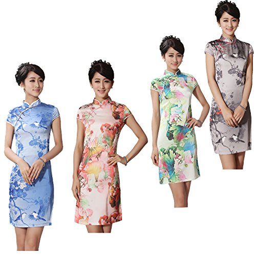 JTC Silk Women Chinese Mini Dress Cheongsam Cup Sleeve 4colors