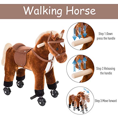 Qaba Kids Interactive Plush Mechanical Walking Ride On Horse Toy with Wheels, Brown