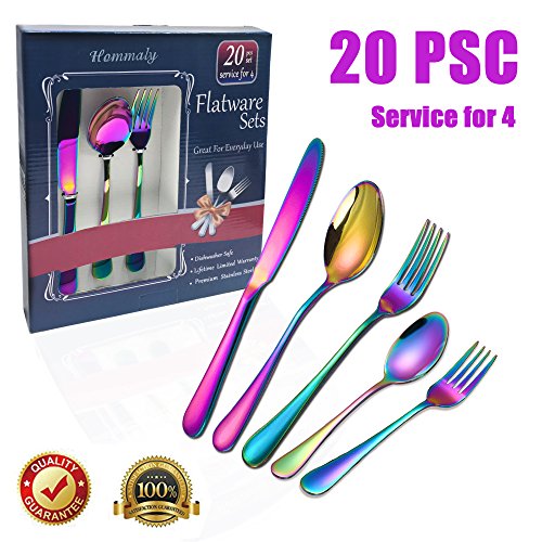 Rainbow colorful flatware set Stainless Steel silverware Tableware Set for 4,20piece,Dinnerware Set Service for 4,Include Knife/Fork/Spoon/Teaspoon/Fruit fork (Rainbow Multicolor) - Thumbnail 7