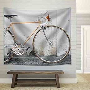 Vintage Road Bicycle Leaning on White Wall - Fabric Wall Tapestry Home Decor - 51x60 inches