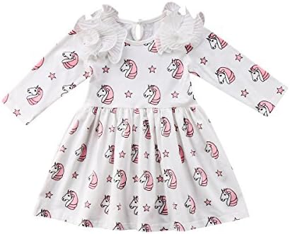 Hotwon Baby Girl Unicorn Dress 3D Flower Ruffles Long Sleeve Dress Skirt Girls Fashion Casual Dress Clothing (White, 90(1-2T))