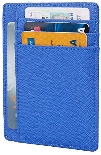 Linscra Small Genuine Leather RFID Blocking Minimalist Wallet Credit ID Card Holder Travel Slim Pocket Wallet Money Clip Men Women, Blue