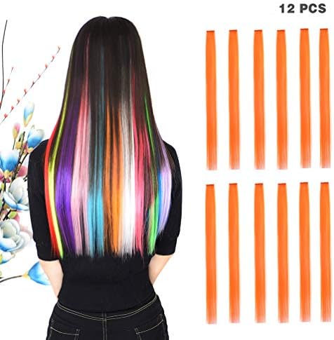 12 Pieces Party Highlights Clip in Colored Hair Extensions for Kids Girls Colorful Hair Extensions 22 inches Straight Synthetic Hairpieces Multi-Colors Orange Hair