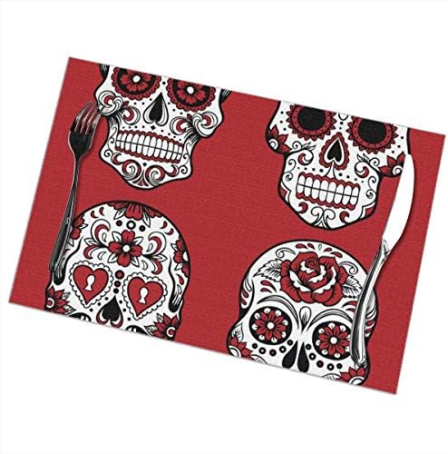 KSIYAF Day of The Dead Set Placemats,Polyester Table Mats Set of 6,Placemats Heat-Resistant Stain Resistant Anti-Skid Washable Table Mats Placemats