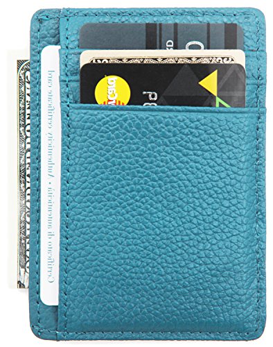 DEEZOMO RFID Blocking Genuine Leather Credit Card Holder Front Pocket Wallet With ID Card Window - Light Blue