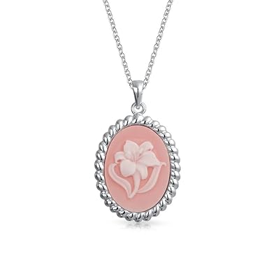 Bling Jewelry Vintage Style Rosa wollte Lily Flower Cameo ovaler Anhänger 925 Sterling Silber Halskette für Frauen für Großmu