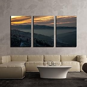 3 Piece Canvas Wall Art - Landscape with Mountains at Dusk - Modern Home Art Stretched and Framed Ready to Hang - 16"x24"x3 Panels