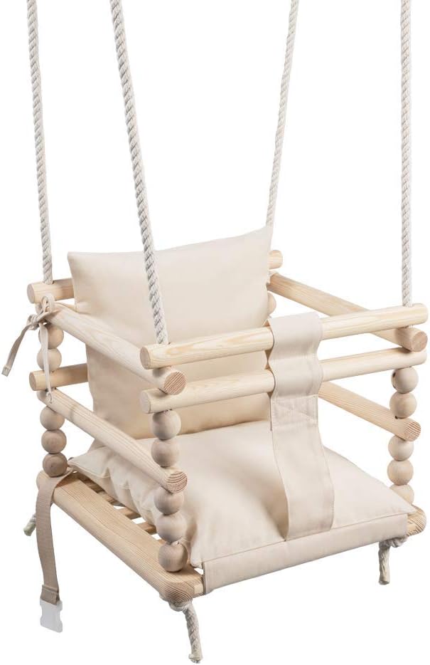 MAMOI Baby Swing Set, Wooden Swing, Ideal as Baby Swing Outdoor, Garden Swing, Indoor Swing. 2 in 1 Swing Set, 3 in 1 Swing That Grows with Kid, Includes Safety Belt … (Beige)