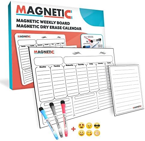 MAGNETIC Dry Erase Weekly Calendar/Weekly White Board Calendar Set/Magnetic Weekly Planner For Refrigerator 16”x12” (40.6 x 30.5 cm) Whiteboard Organizer : 8.5''x6'' Note Board, Emojis, Markers