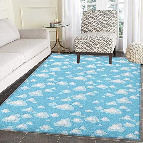 Blue and White Rug Kid Carpet Cartoon Sky with Fluffy Clouds Clear Day Baby Pattern Home Decor Foor Carpe 3'x5' Pale Blue Baby Blue and White