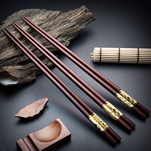 Chinese Dragon Chopsticks, Red Sandalwood, Reusable Classic Style, 2 Pairs Wooden Chopsticks with Holder and Case, Value Gift Set