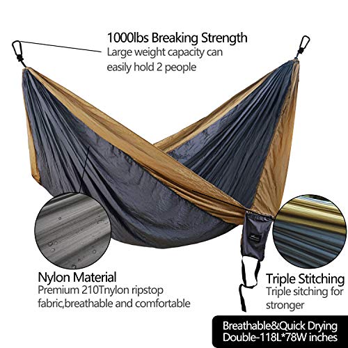 Geezo Double Camping Hammock, Lightweight Portable Parachute (2 Tree Straps 16 LOOPS/10 FT Included) 500lbs Capacity Hammock for Backpacking, Camping, Travel, Beach, Garden (Black/Grey)