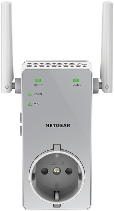 Netgear EX3800-100PES AC750 Universal WLAN Repeater (inkl. Steckdose, RJ-45, 750Mbit/s, An/Aus Schalter) Weiß/silber