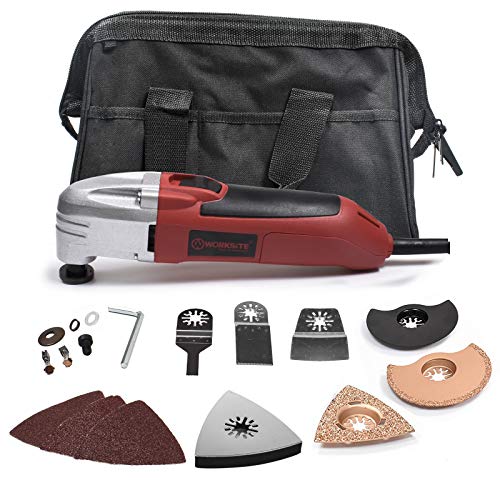 WORKSITE DMT123 Multi- Purpose Oscillating Tool Kit with Carbide Grout Blade, Half Moon Saw Blade, Triangular Carbide Grit Rasp Blade, Rigid Scraper Blade, Triangular Sanding Pad and Carry Bag