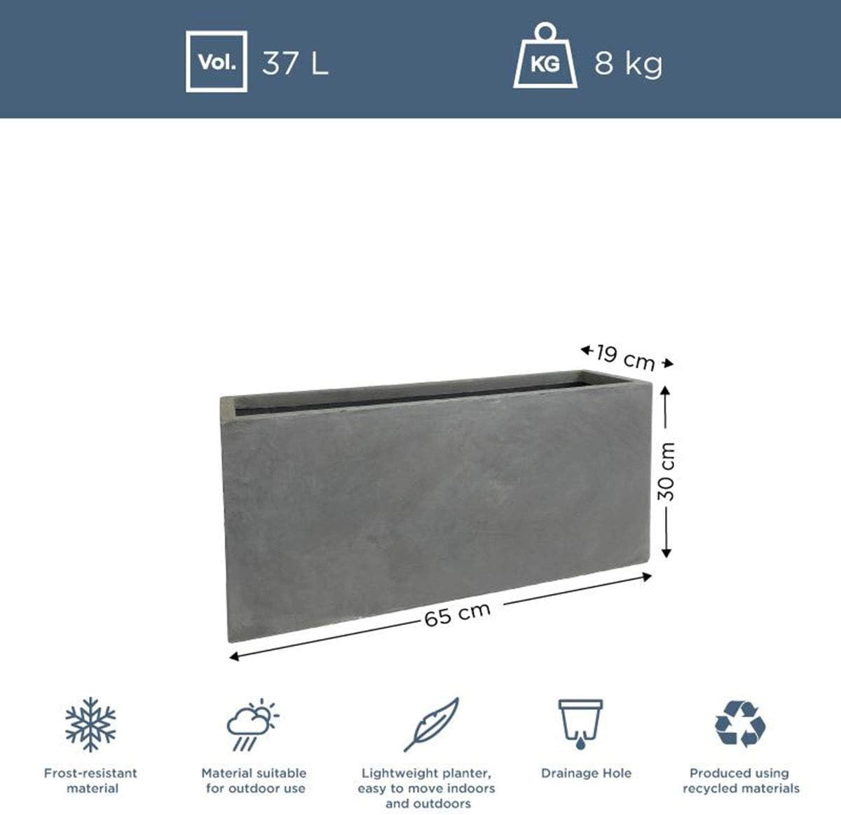 IDEALIST 65cm Planter Large Trough, Grey, L65 W19 H30 cm - Image 3