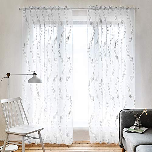 MysticHome White Sheer Curtains 84 Inches Long, Rod Pocket Sheer Drapes for Living Room, Bedroom, 2 Panels, 52"x84", Embroidered Semi Crinkle Voile Window Treatments for Yard, Patio, Villa, Parlor.