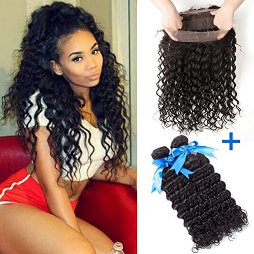 GEFINE Hair Brazilian Deep Wave Wavy 360 Lace Frontal Closure With Bundles Unprocessed Human Hair Weaves With Full Frontal Lace Band Closure 3Pcs Lot 18 18+18inch