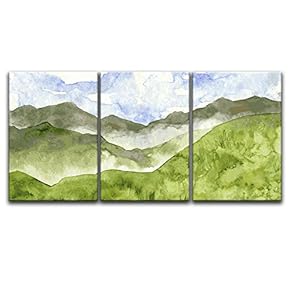 3 Panel Canvas Wall Art - Watercolor Style Mountain Valley in Spring - Giclee Print Gallery Wrap Modern Home Art Ready to Hang - 16"x24" x 3 Panels
