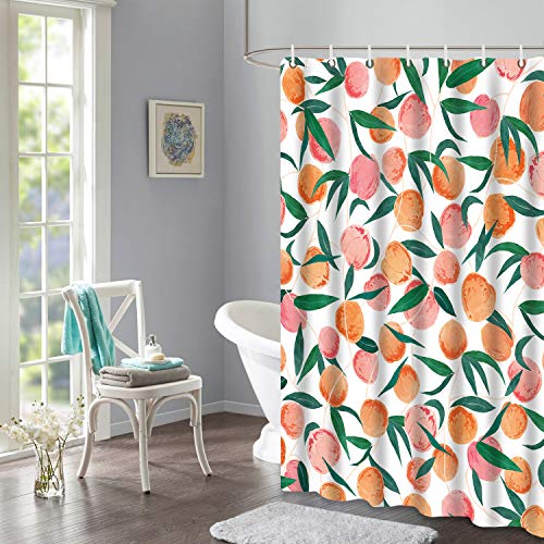 Lifeel Peach Shower Curtains, Allover Fruits Shower Curtain Cute Bright Colorful Design Waterproof Fabric Bathroom Shower Curtain Set with 12 Hooks, Peachy Pink 72"Ã—72"