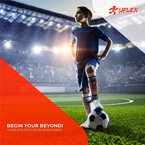 UFlex Athletics Slip and Slide Shin Guards for Kids and Teens - Protective Soccer Gear for Boys and Girls with Padded Ankle Support - Non Slip Adjustable Straps (Medium)