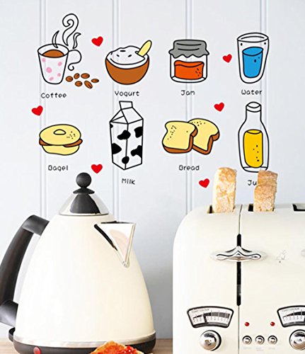 BIBITIME Kitchen Wall Art Decals Coffee Yogurt Jam Water Milk Bread Juice Vinyl Sticker for Glass Window Tile Fridge Locker Cabinet Small PVC Decorations - Thumbnail 4