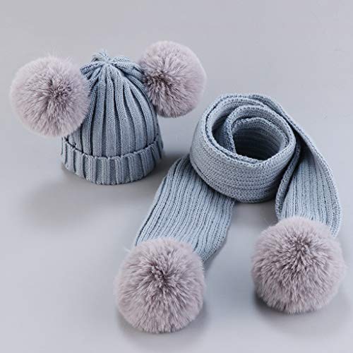charmsamx Baby Winter Fall Warm Knit Hat Set Double Poms Pompom Hat Soft Wool Ball Hem Cap with Scarf for Baby Newborn Kids (Gray) - Thumbnail 3