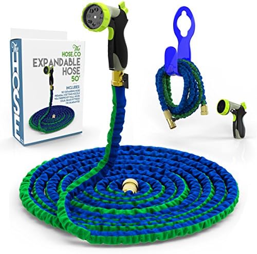 Expanding Garden Hose Kit: Green, Blue Double Latex KinkProof Long-Lasting 50 ft Hose, Copper Fittings, 8 Function Nozzle &amp; Bonus Wall Hook