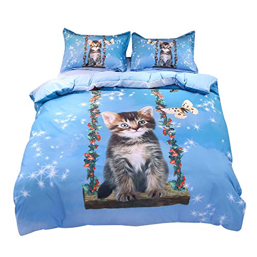 Beddinginn Cute Cat Swing Bedding Set Kids Loves 3D Duvet Cover Set Butterfly Print Girls Bed Set Full