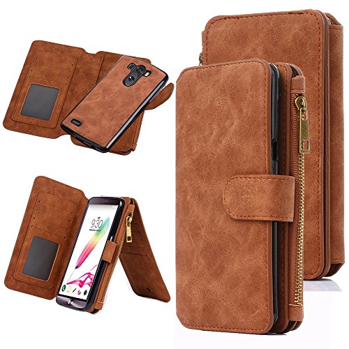 LG G Stylo Case, CaseUp 12 Card Slot Series - [Zipper Cash Storage] Premium Flip PU Leather Wallet Case Cover With Detachable Magnetic Hard Case For LG G Stylo / LG G Stylus (LS770), Brown