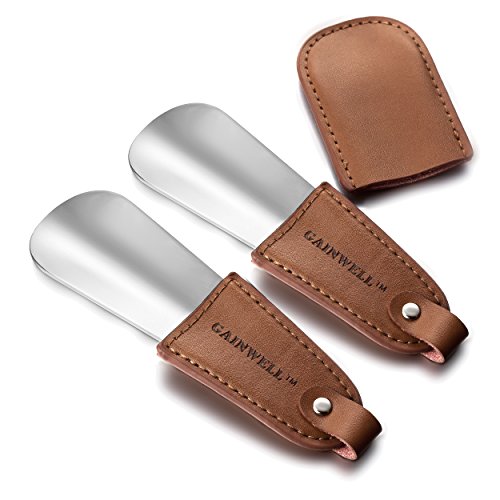 GAINWELL Pocket Metal Shoe Horn 4.7" - Non-slip Leather Handle (2 Pack)