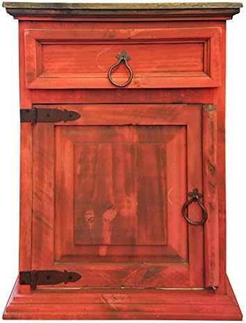 Handscrape Rustic Western Country Nightstand End Table Already Assembled (Left Hinged, Red)