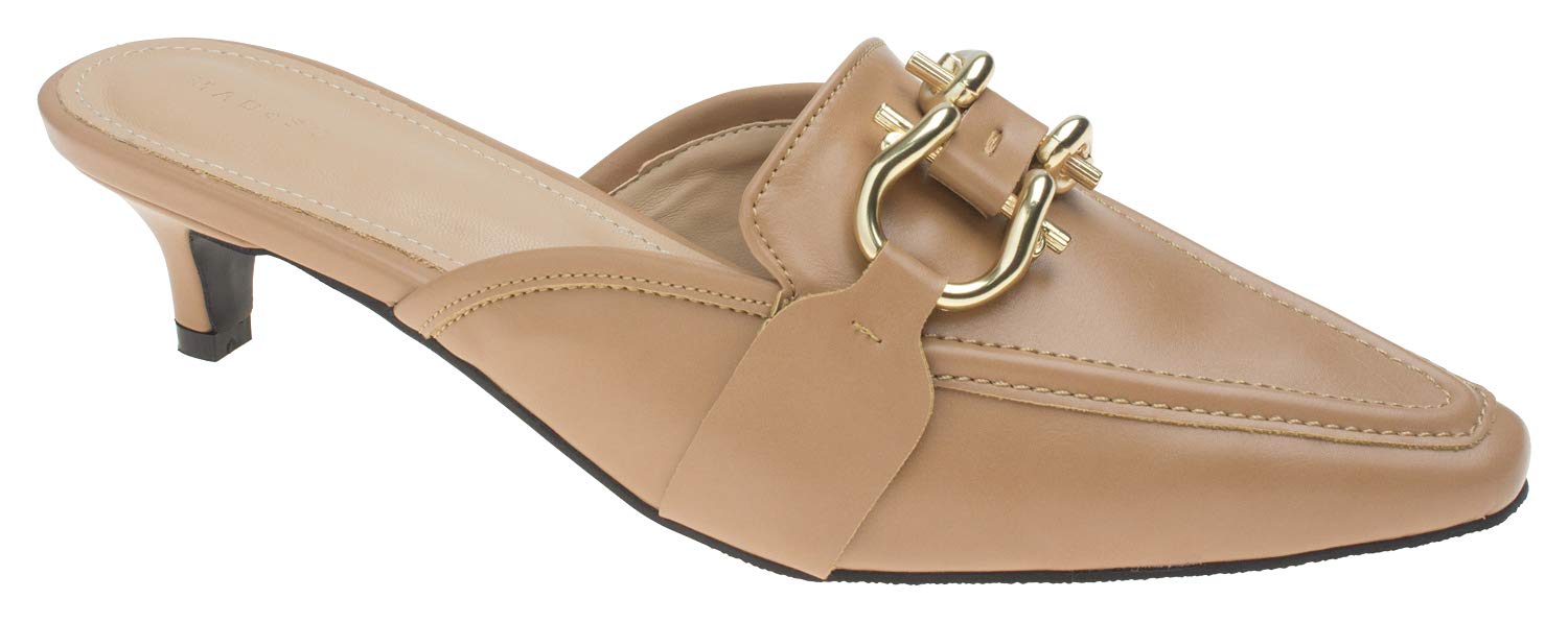 AnnaKastle Womens Gold Buckle Kitten Heel Mule Shoes