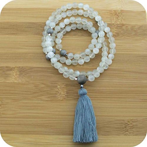Moonstone Meditation Mala Beads Necklace with Matte Gray Druzzy Agate