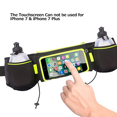 iRainy Neoprene Water-Proof Hydration Running Belt W Touchscreen Zipper Pockets Fitness Workout Belt with Two 12oz BPA-Free Leak-Proof Water Bottles Belt Fits All Smartphones (Green)