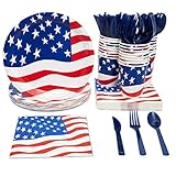 Juvale Patriotic American Party Supplies (Serves 24) Knives, Spoons, Forks, Paper Plates, Napkins, Cups